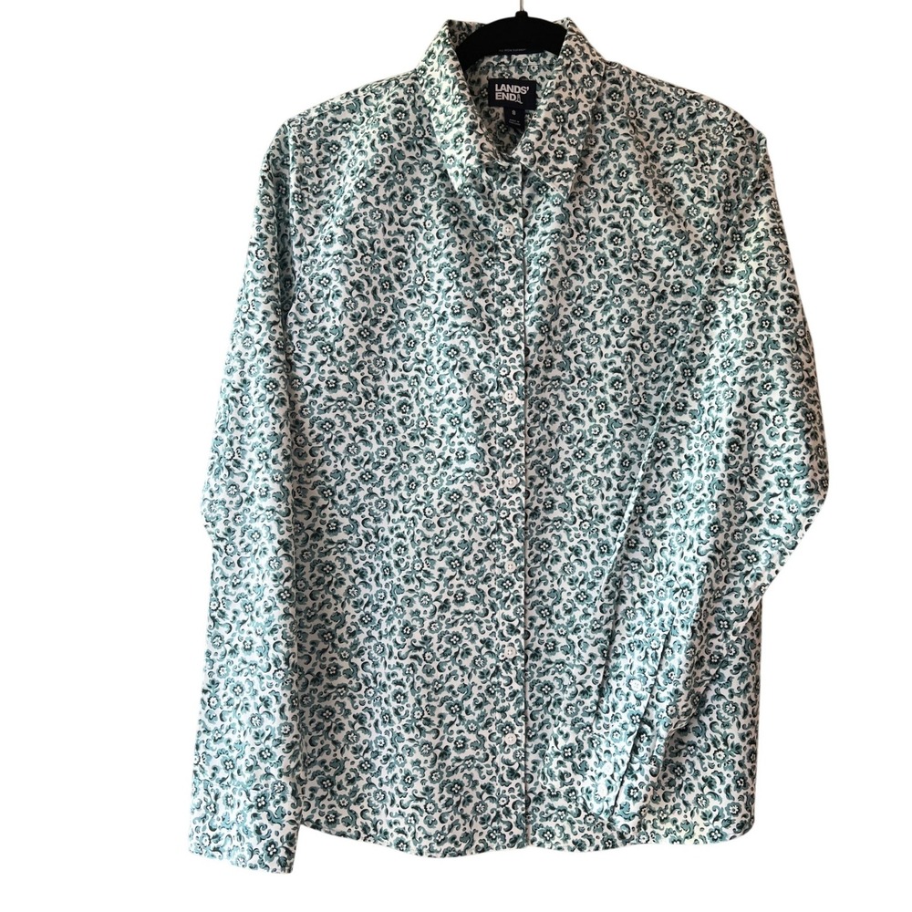 Lands End Button Up Shirt Med 8 Aqua Floral No Iron Supima Cotton Wrinkle Free